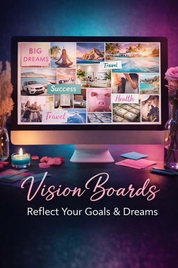 A computer screen displays a vibrant vision board with goals like travel, success, and health.