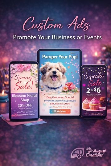 Custom ads showcasing spring sales, dog grooming, and cupcake deals on digital devices.