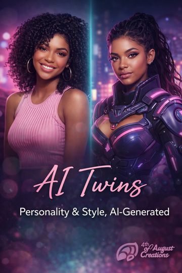 Portrait of AI-generated twins showcasing contrasting styles, one casual and one futuristic.