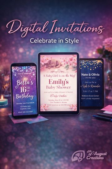 Digital invitations for birthday, baby shower, and anniversary events displayed on smartphones.