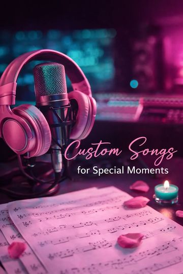 Microphone with headphones and sheet music for custom songs.
