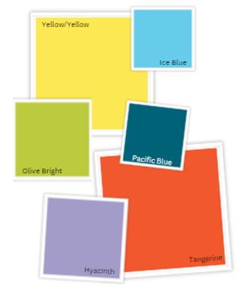 Color swatches of yellow, blue, olive, lavender and orange.