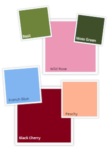 color swatches of Basil, moss green, wild rose, french blue, peach, and black cherry