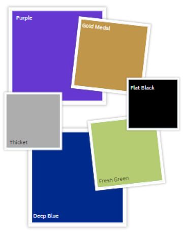 color swatches of purple, gold medal, thicket, flat black, fresh green, and deep blue