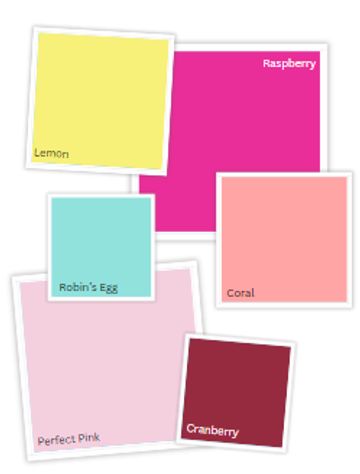 color swatches of lemon, raspberry, robin's egg, coral. perfect pink, and cranberry.