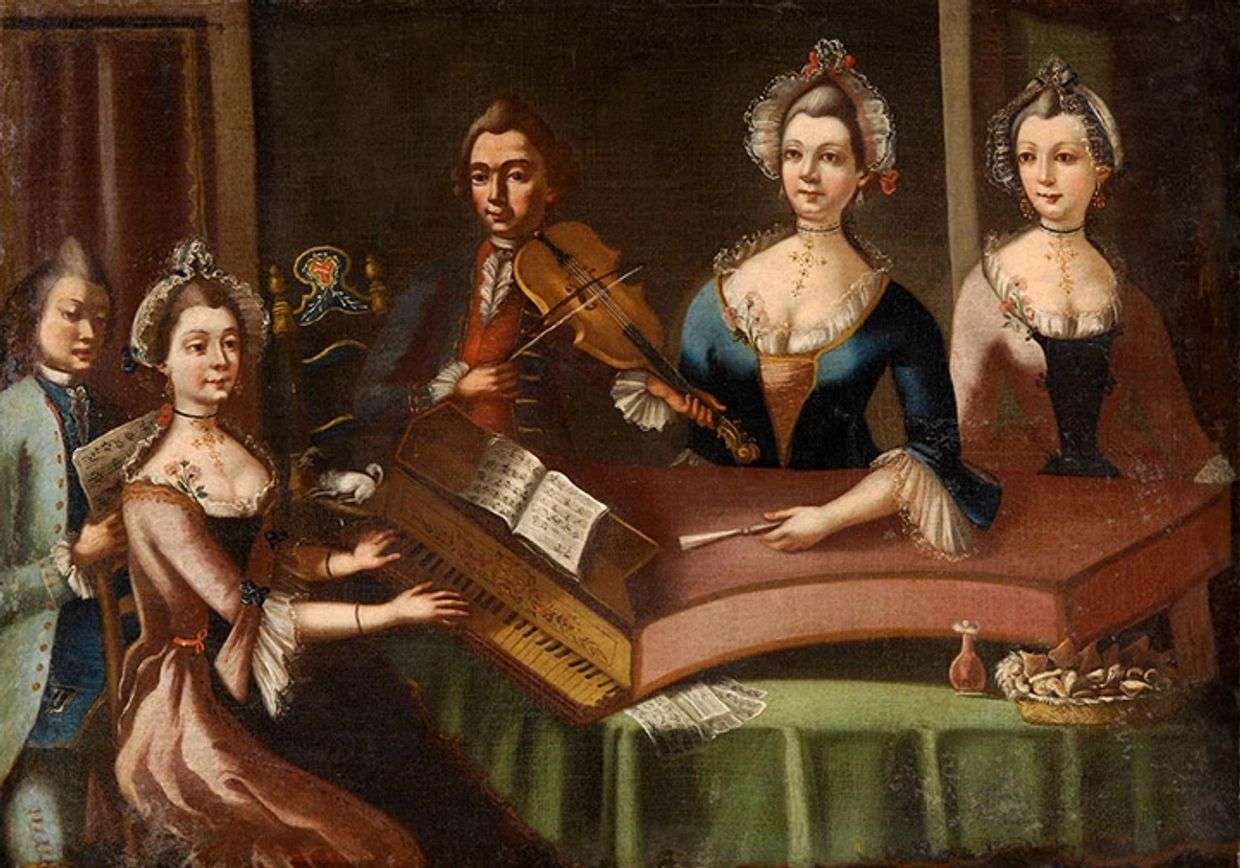 18th-century musicians playing instruments and singing.