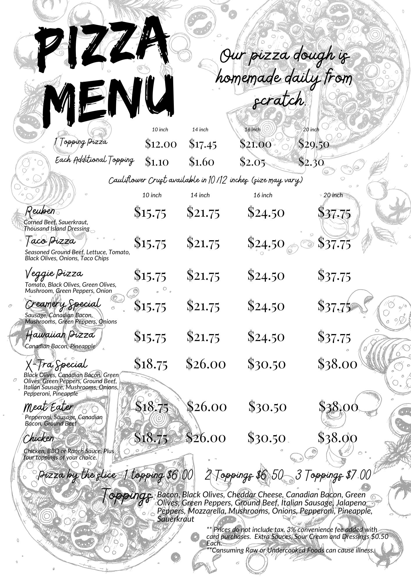 Pizza menu