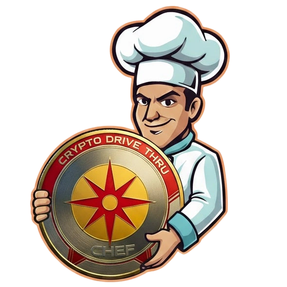 Cartoon chef holding a coin labeled 'Crypto Drive Thru Chef.'