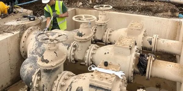 Engineer preparing existing 250mm pump station valves for removal in Leicester.