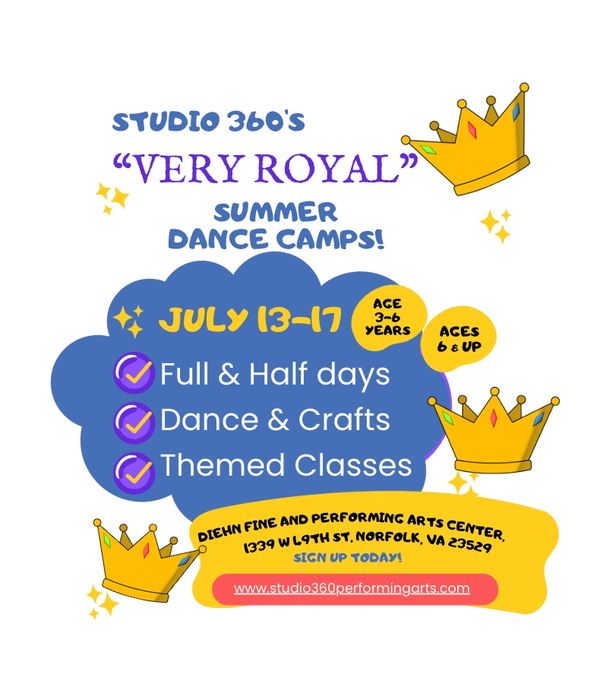 Studio 360's 'Very Royal' summer dance camps for kids, July 13-17, with dance, crafts, and themed classes.