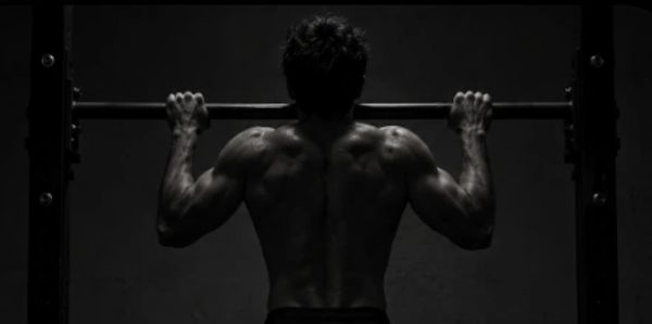 Man doing pull-ups showing muscular back.