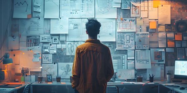 man looking at multiple paper sheets containing information, hung on a wall.