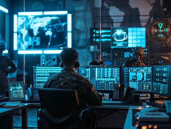 soldiers performing and monitoring operations through digital devices to achieve their mission