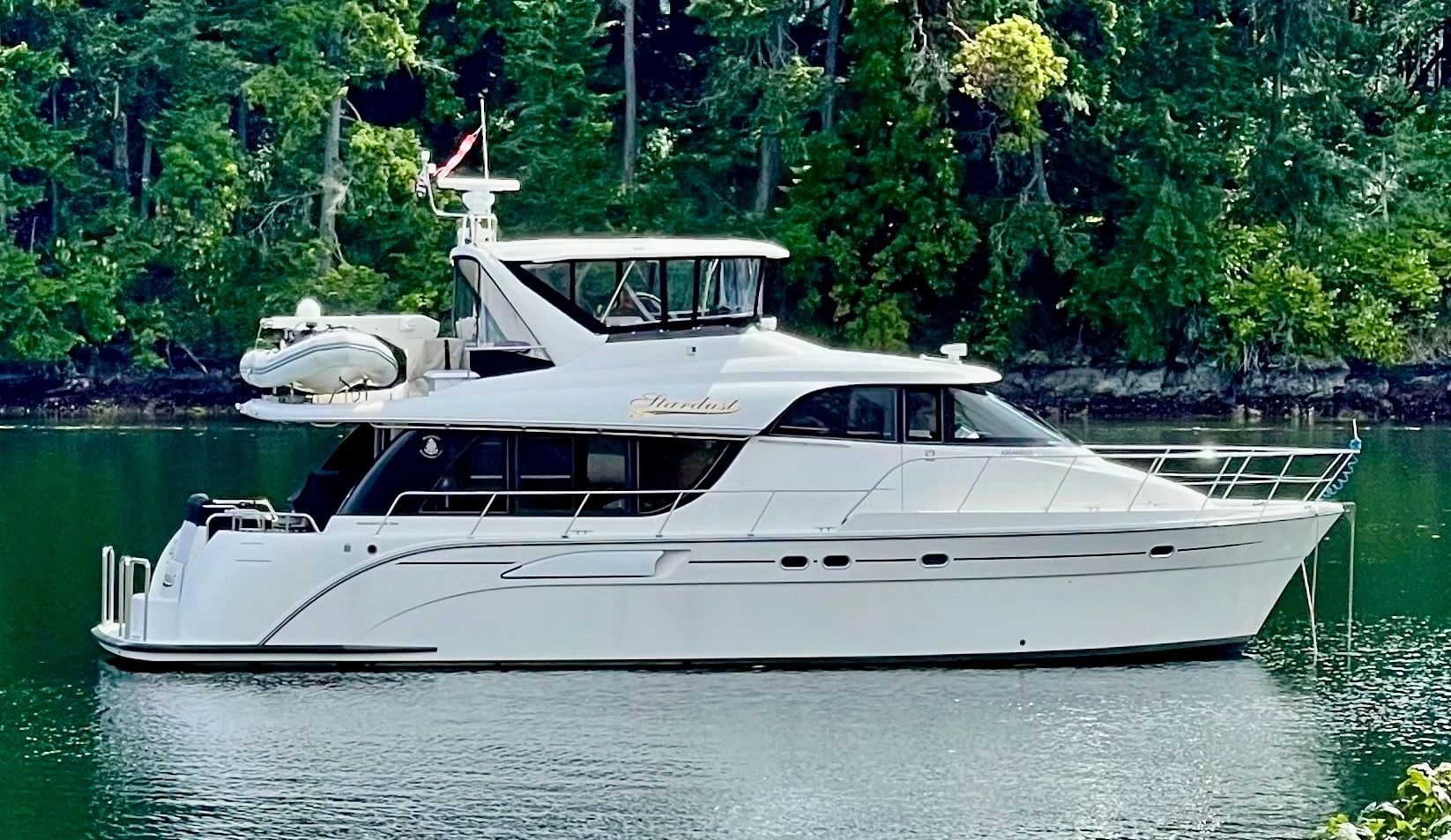 Luxury motor yacht on calm water near forest.