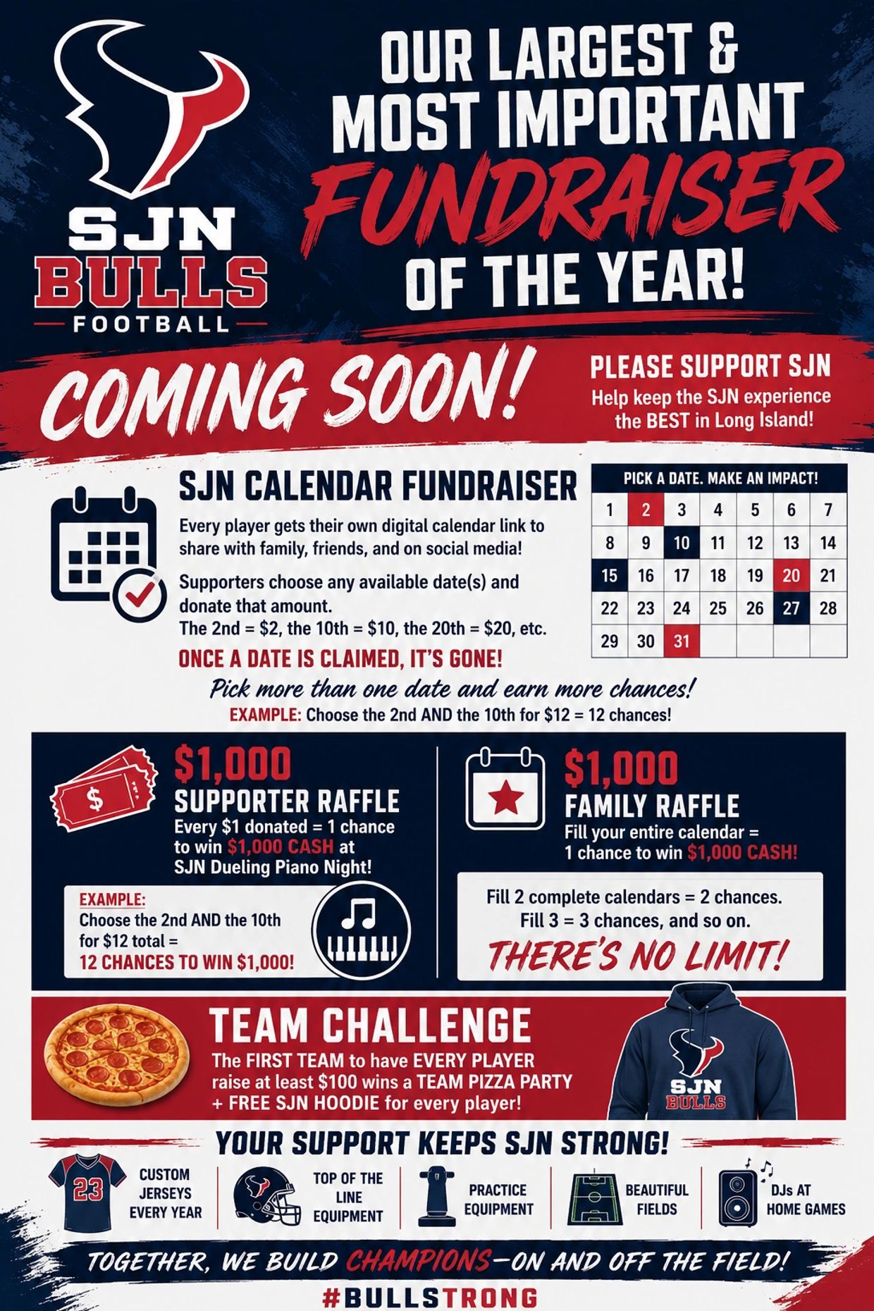 SJN Bulls Football fundraiser with calendar dates and raffles.