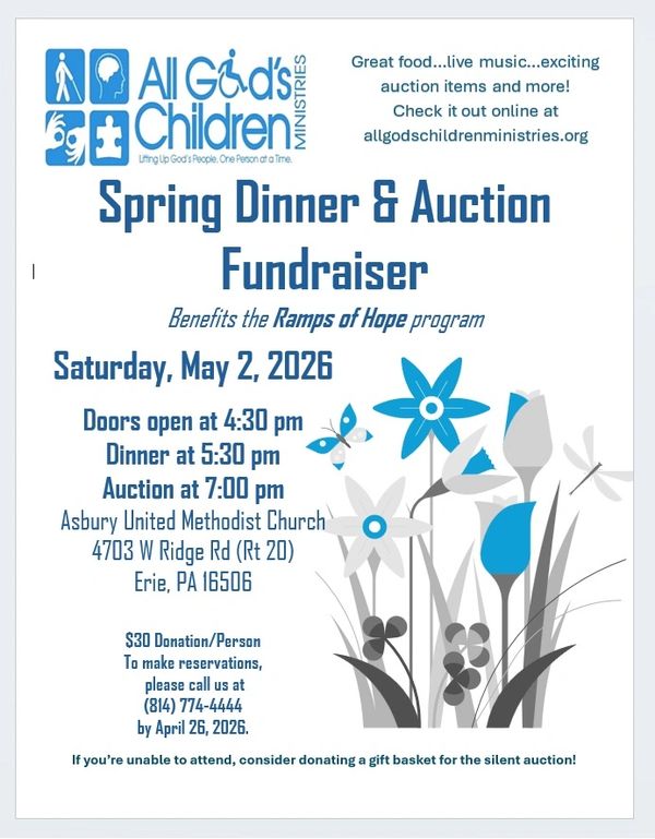 Flyer for All God's Children Ministries Spring Dinner &amp; Auction fundraiser on May 2, 2026.