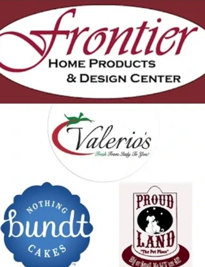 Collection of four business logos including Frontier, Valerio's, Nothing Bundt Cakes, and Proud Land.