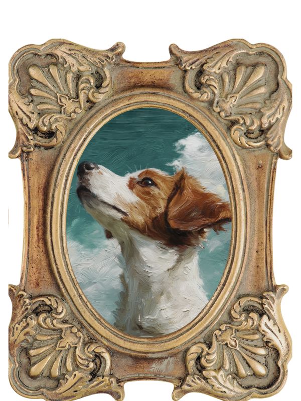 A dog portrait in an ornate vintage frame.