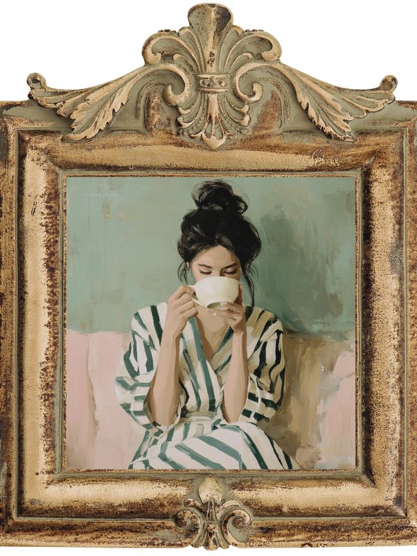 Woman in striped dress sipping from a cup in a vintage frame.