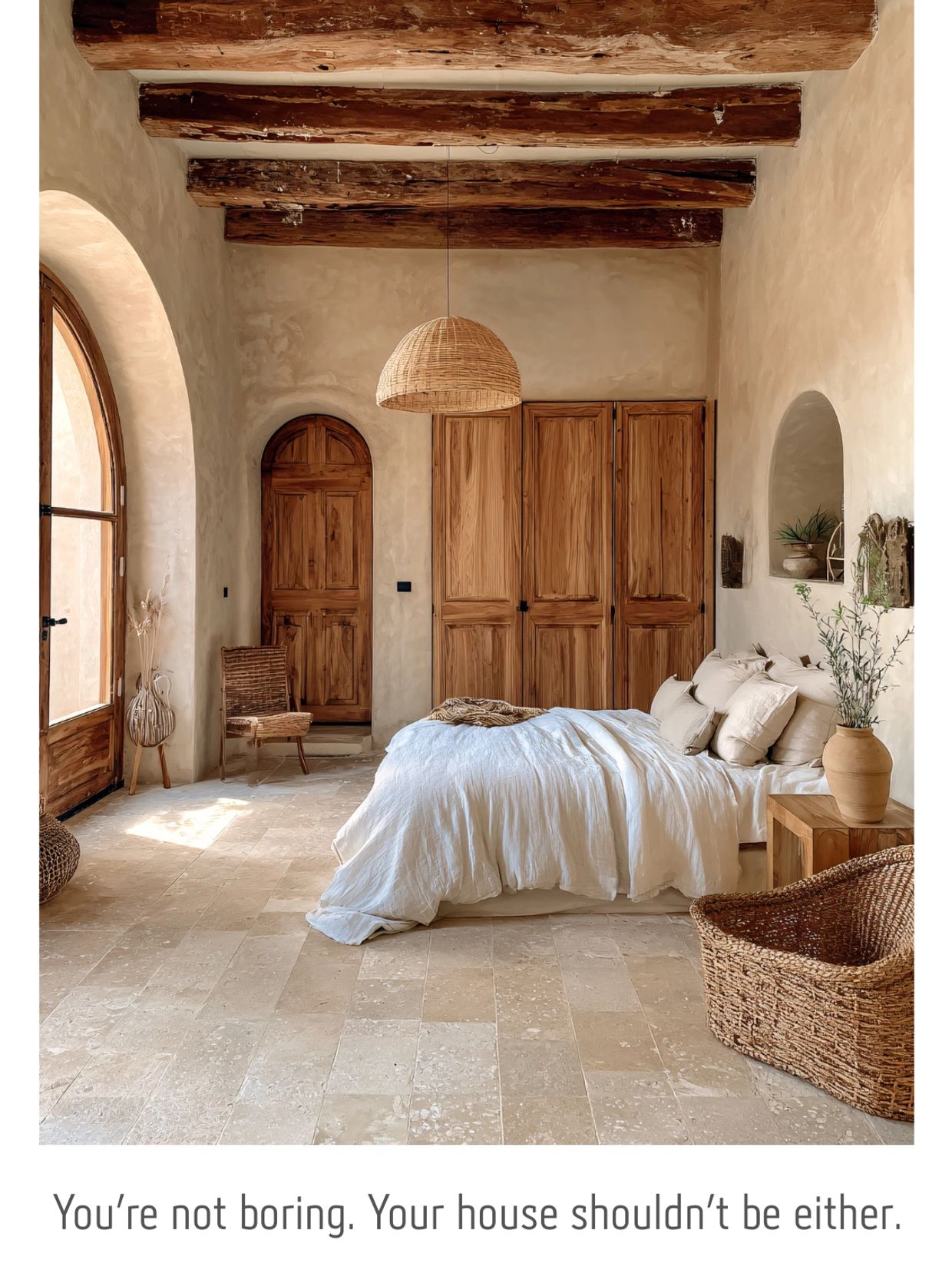 Rustic minimalist bedroom with wooden accents and neutral tones.