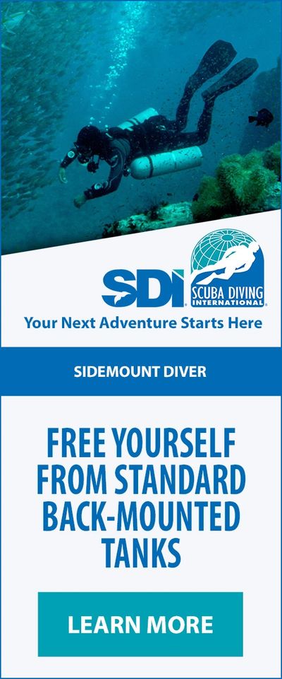 Scuba diver promoting sidemount diving certification by SDI.