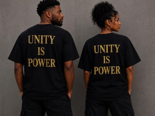 Two people wearing black shirts with 'UNITY IS POWER' in gold text on the back.