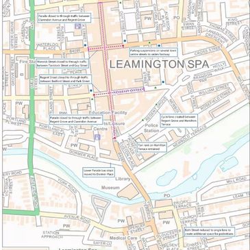 Map showing temporary Covid-19 related road layout changes in Leamington Spa, June 2020.