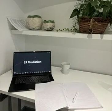 A serene workspace with a laptop, notebook, pen, and plants on white shelves.