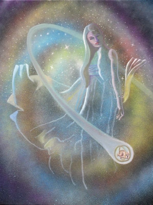 Oil painting of a girl standing around the stars