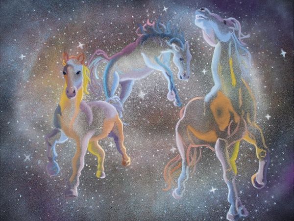 Oil painting of three unicorns