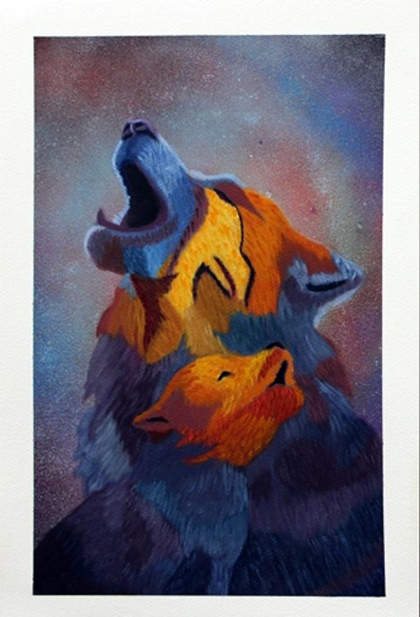 Oil pending of a wolf shouting