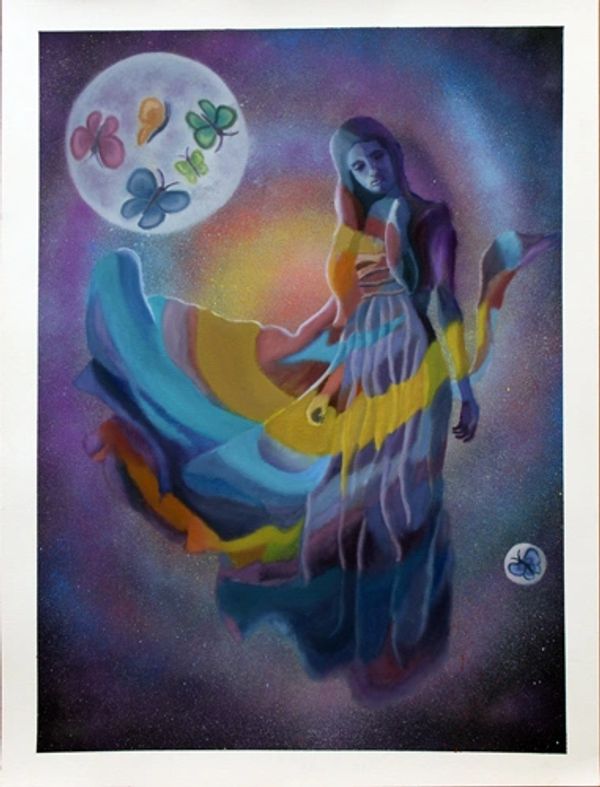 Oil painting of a girl standing near moon