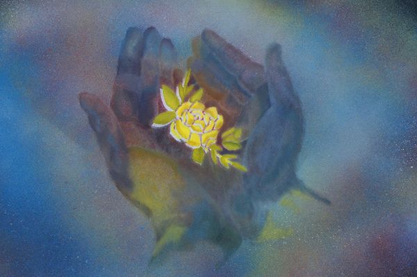 Oil painting of a flower in hands