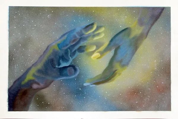 Oil painting of two hands connecting together