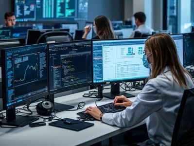 Woman in a mask working on multiple computer screens in a tech office.