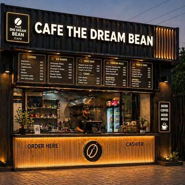 Modern cafe kiosk named The Dream Bean with illuminated menu.