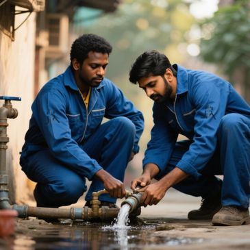 Two plumbers in blue uniforms fixing a water pipe outdoors.