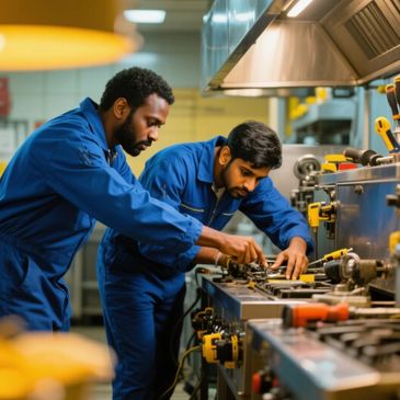 Two technicians in blue coveralls working on industrial kitchen equipment.
