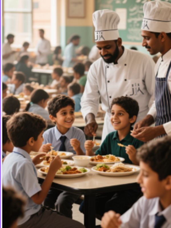 School children enjoy a meal served by chefs in a cafeteria.