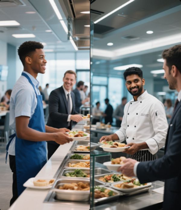 Two men serving food to customers in a cafeteria setting.