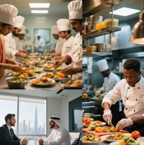 Chefs and staff preparing gourmet dishes in a professional kitchen.