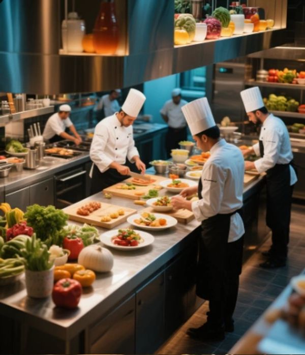 Chefs in white uniforms preparing dishes in a professional kitchen.