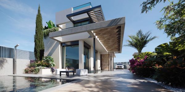 Modern house with a pool and garden.