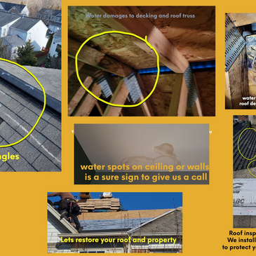 Roof damage and repair signs with missing shingles and water damage.