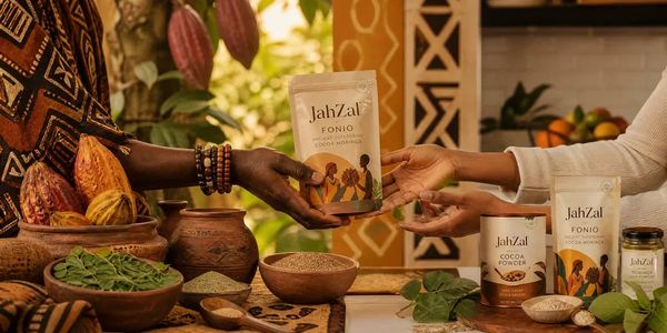 Two people exchanging a bag of JahZal Fonio cocoa powder in a warm, rustic setting.