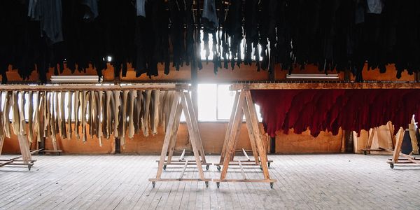 Leather hides hanging to dry in a workshop with wooden floors.