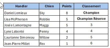 Tableau des résultats d'un concours canin avec classement.