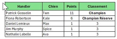 Tableau du classement de chiens par entraîneurs.