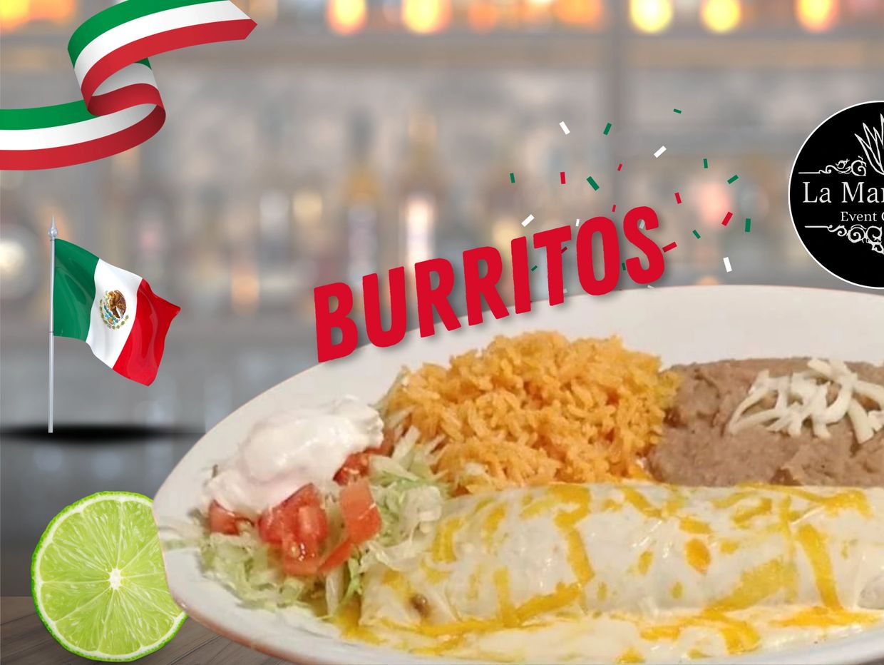 A plate of burritos with rice, beans, and toppings, featuring Mexican flag and decorations.