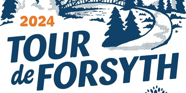 2024 Tour de Forsyth logo with a winding road and trees.